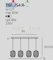 SOSPENSIONE CROMO 4 LUCI RETTANGOLARE VETRI FUME 1181CR-S4 R-FU
