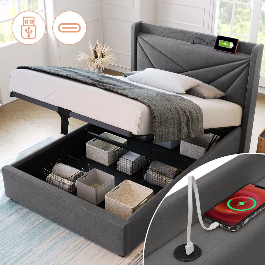 Letto singolo contenitore 90x200 cm con USB C e USB; testiera geometrica; grigio