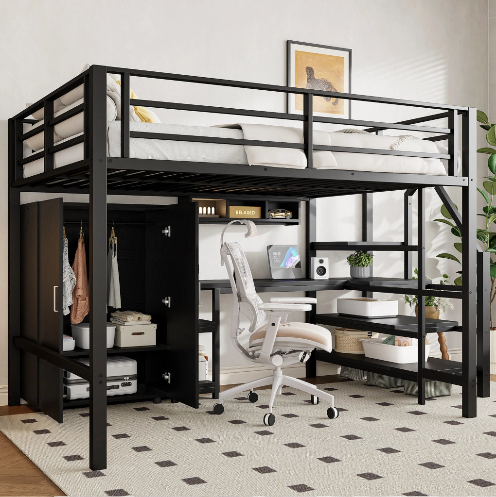Letto a soppalco 140x200 cm nero con scrivania, armadio, mensole e scala contenitore