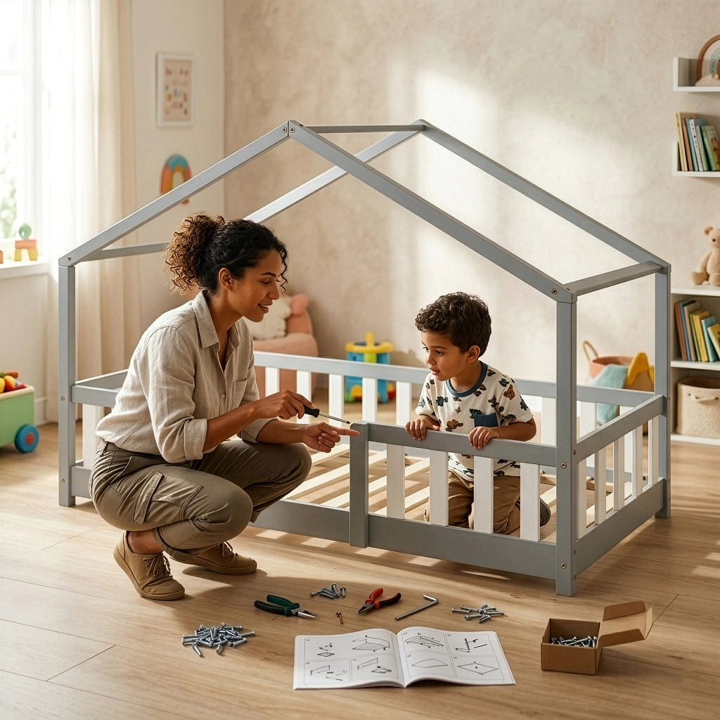 Letto per Cameretta Treviolo a Forma di Casetta in Stile Montessori con Materasso 80x160 cm - Grigio Chiaro/Bianco [en.casa]