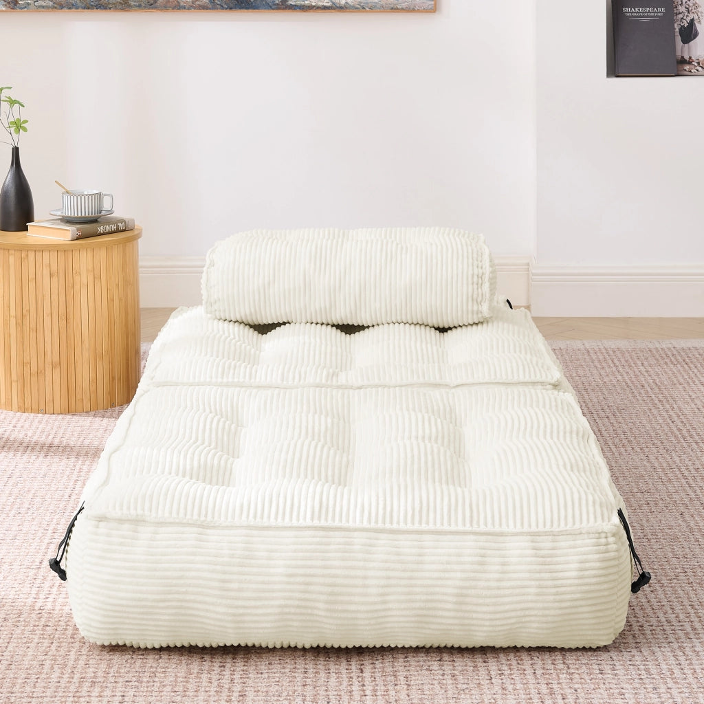 Pouf, divano letto pieghevole, velluto a coste, schienale regolabile, pronto all'uso, beige