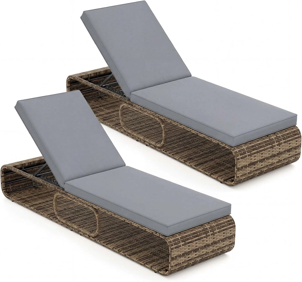 Sedia a Sdraio Imbottita in Rattan PE, Lettino Prendisole con Cuscino Morbido, Spazio di Stoccaggio e Schienale Regolabile a 7 Posizioni, Portata 180 kg, per Piscina e Giardino (2, Marrone)