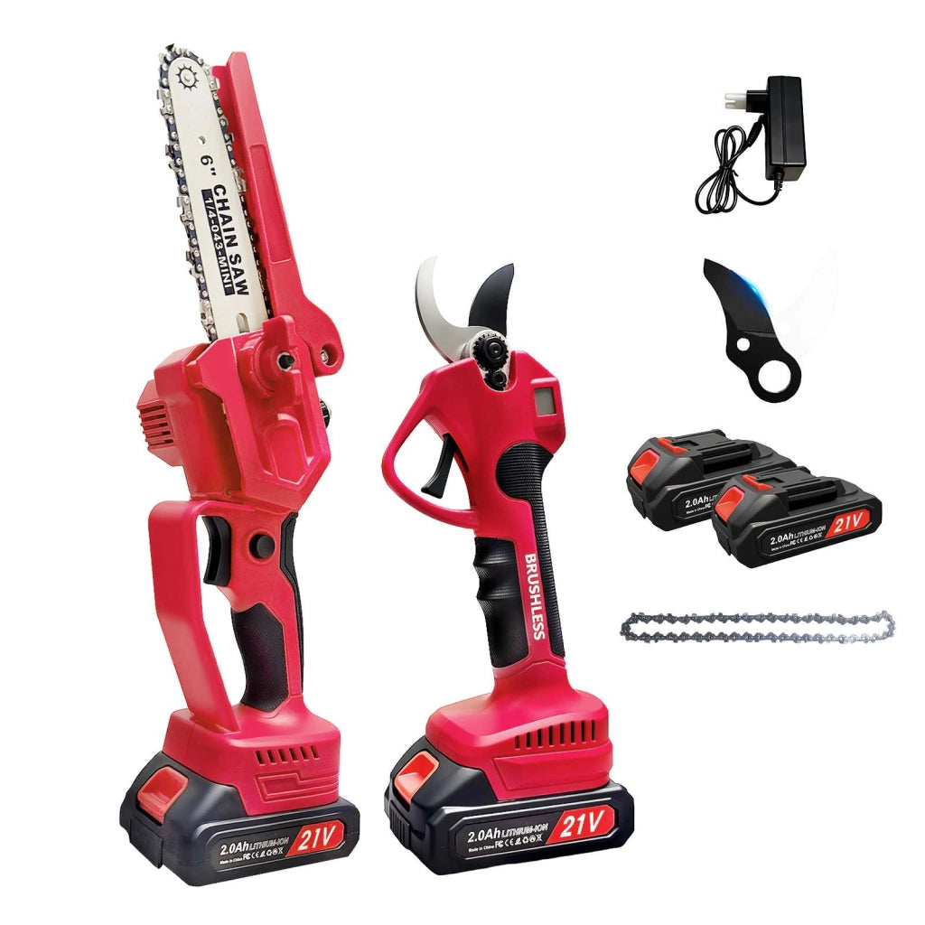 Kit sega elettrica e troncarami, kit troncarami e sega da potatura a batteria, 21 V, 2 batterie, regolabile a 180°, senza asta telescopica