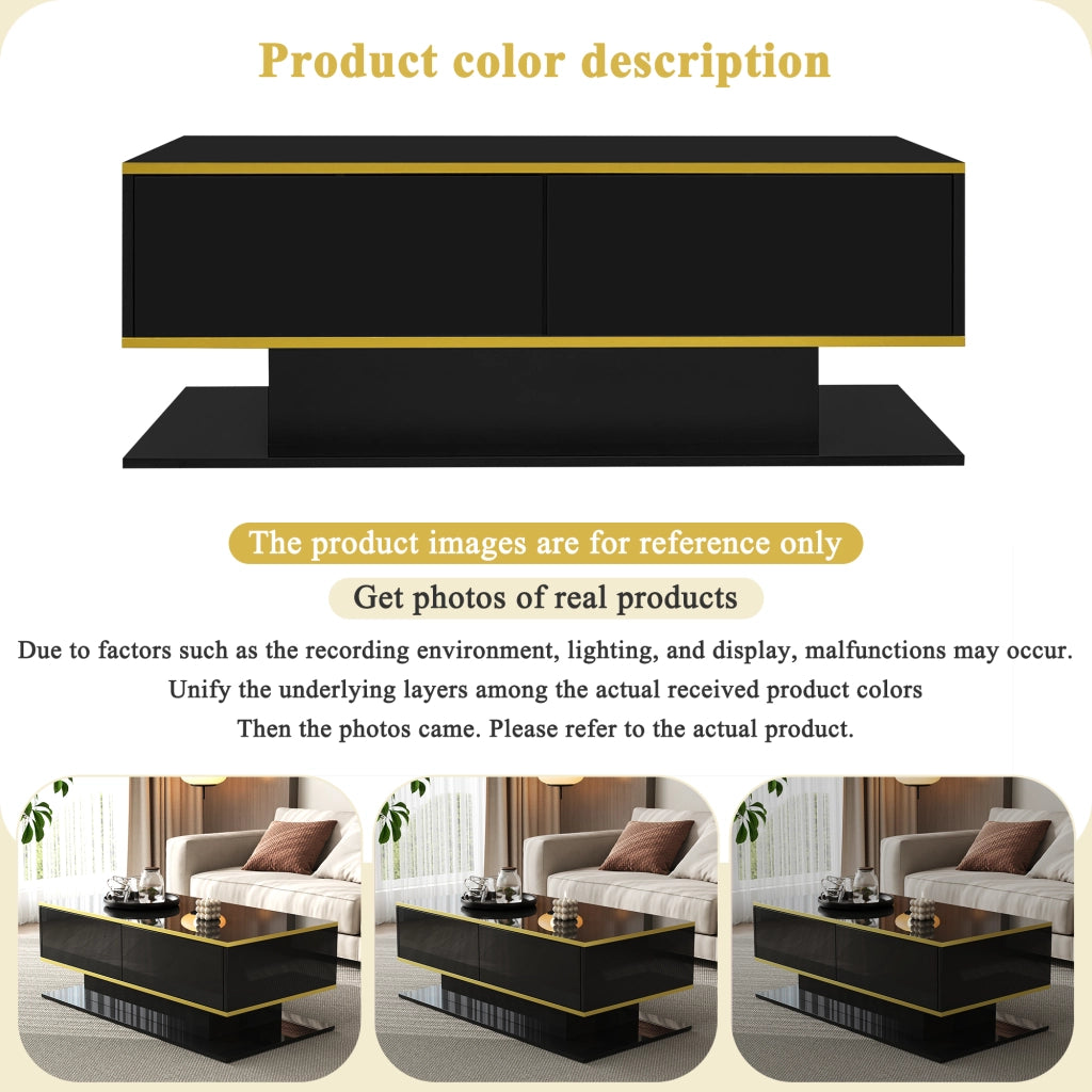Tavolino da salotto con 3 Cassetti e 1 Vano aperto con LED; Decorazione dorata; in Truciolare; Nero