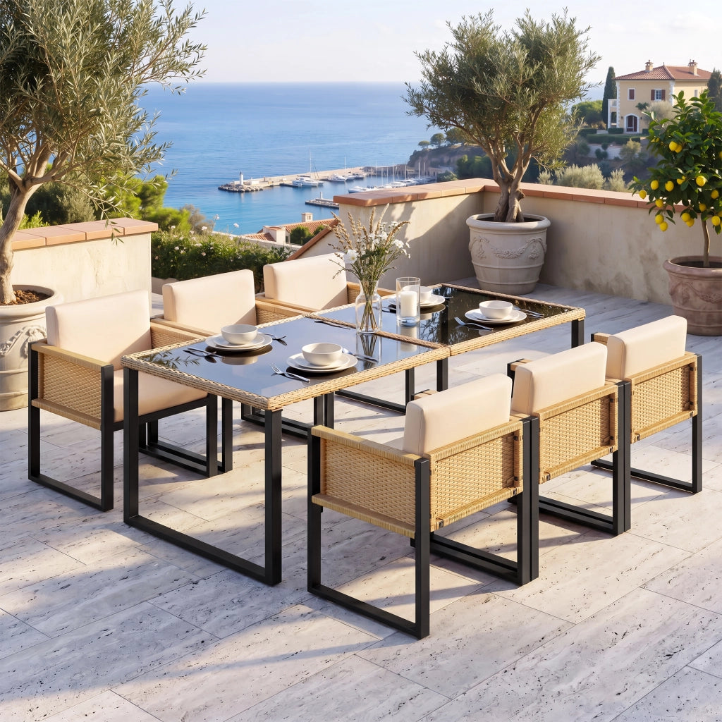 Set da pranzo da giardino con tavolo e 6 sedie in rattan PE con vetro temperato e cuscini sfoderabili