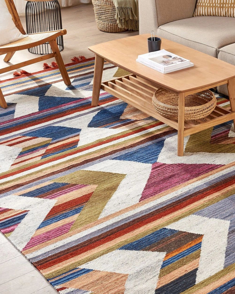 Tappeto di lana multicolore 200 x 300 cm kilim fatto a mano con strisce e nappe soggiorno camera da letto