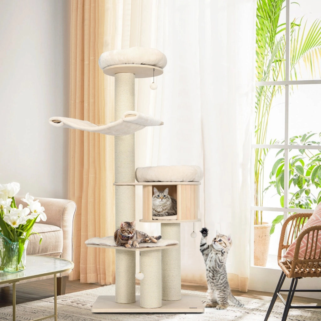 Albero per gatti in legno massiccio da 174cm con pali sisal, Torre per gatti a 4 livelli Naturale-Alberi Tiragraffi