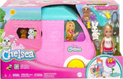 Barbie - Camper di Chelsea 2 in 1, playset con veicolo che si trasforma in un campeggio e mini bambola Chelsea, 2 cuccio