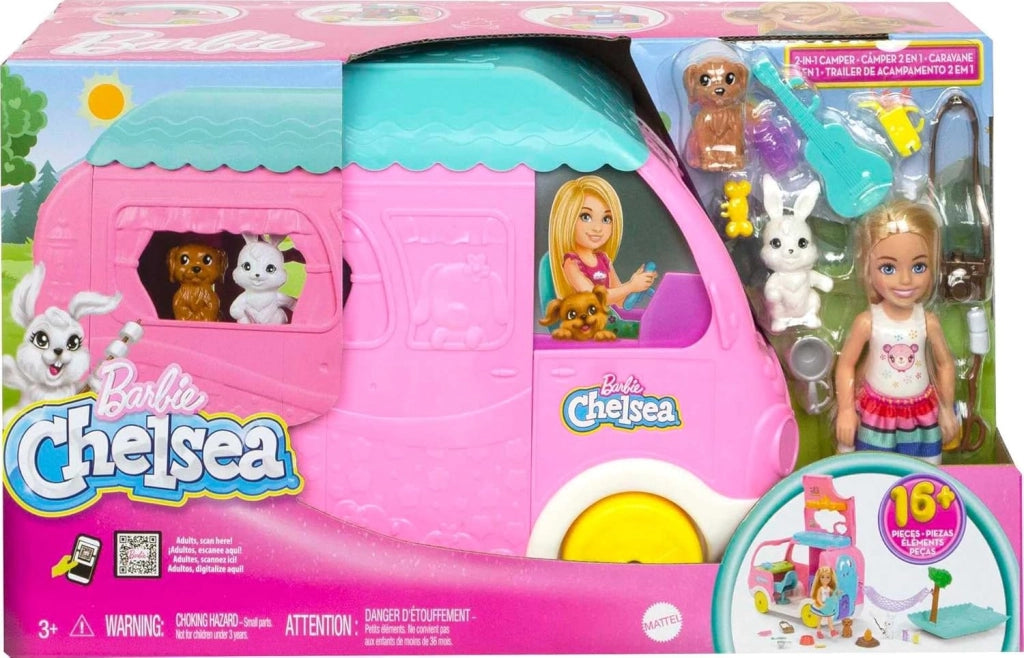 Barbie - Camper di Chelsea 2 in 1, playset con veicolo che si trasforma in un campeggio e mini bambola Chelsea, 2 cuccio