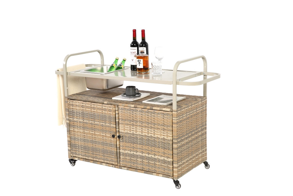 Tavolo da bar esterno; carrello da bar in vimini con armadio; carrello da cortile con piano in acciaio; con un secchio del ghiaccio; ruote chiudibili; cesto laterale per giardino; a bordo piscina e giardino; beige