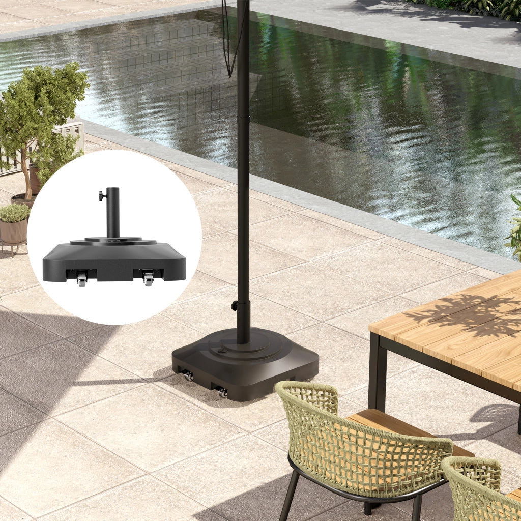 Base per Ombrellone 48x48x32,5 cm a Rotelle e Riempibile con Acqua o Sabbia in HDPE Nero