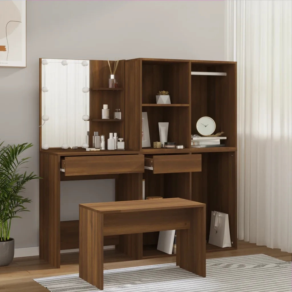 Set Tavolo da Toeletta con LED Rovere Marrone Legno Multistratocod mxl 93075