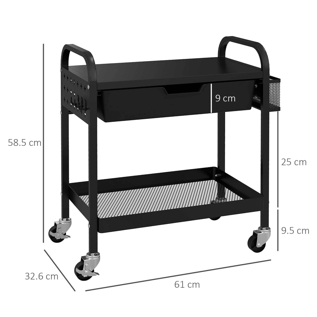 Schwarzer Servierwagen mit Schublade, Haken und Ablage – flexibler Küchenwagen für Küche, Bad & Co.