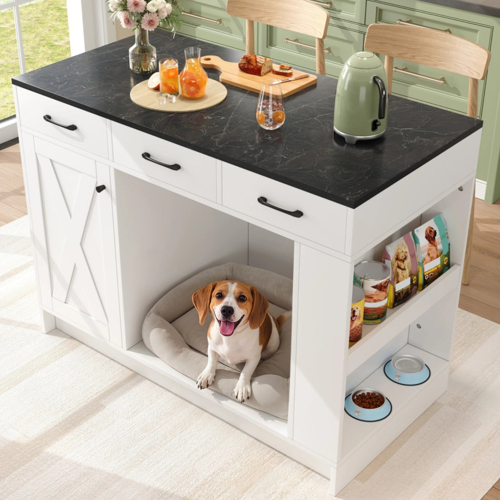 Carrello da cucina con 3 cassetti, vano per animali domestici e ripiano regolabile, bianco