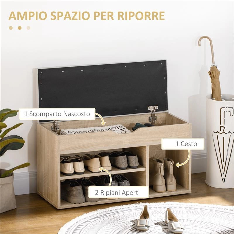 SCARPIERA SALVASPAZIO IMBOTTITA CON 2 RIPIANI APERTI E SPAZIO A SCOMPARSA IN LEGNO E PELLE PU 80X30X45 CM