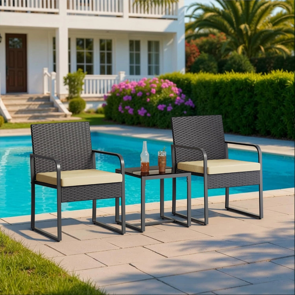 Set Giardino in Rattan per 2 Persone, Mobili da Esterno in Vimini con Cuscini, Tavolino e 2 Sedie per Terrazza, Balcone, Giardino o Piscina (beige)