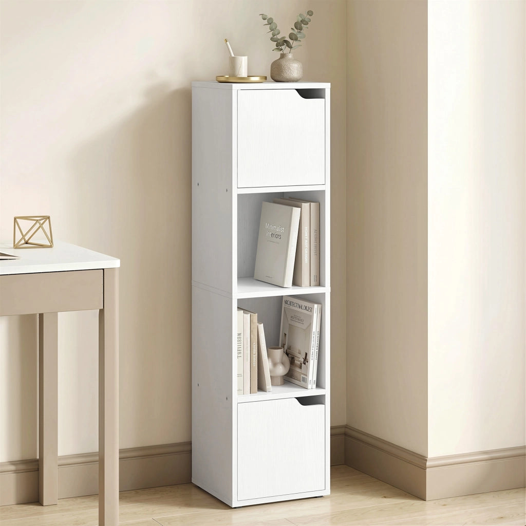 Libreria Moderna con 2 Armadietti e Ante a 4 Ripiani, 30x29x119 cm, Bianco