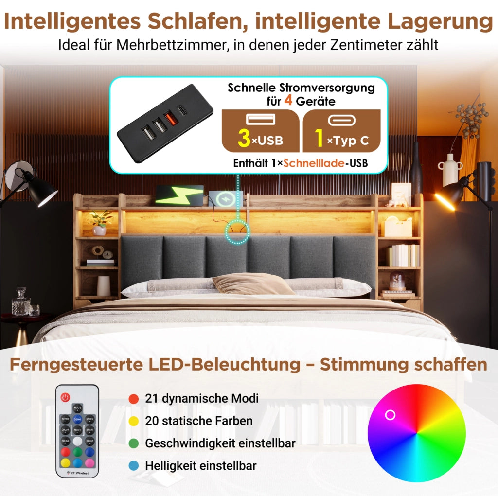 Letto matrimoniale 160x200 cm effetto rovere con LED; porte USB e USB-C; contenitore