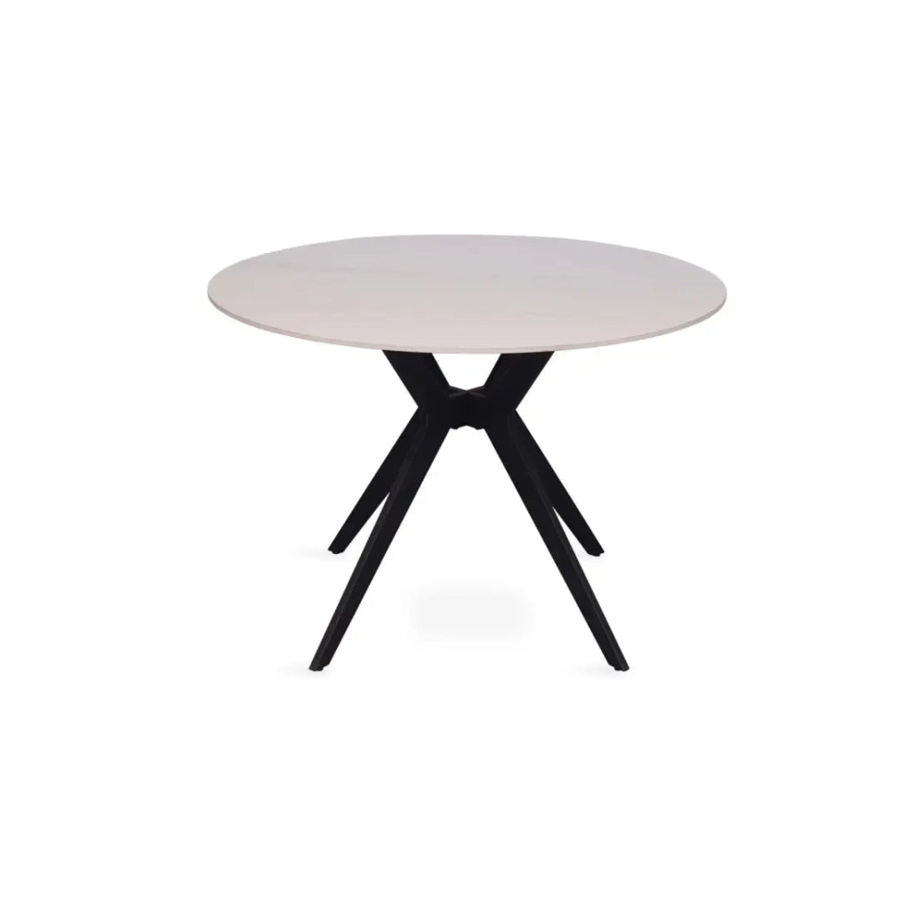 Tavolo da pranzo rotondo ARVENA – 110 cm – Piano in pietra sinterizzata – Colore bianco – Design metallo elegante