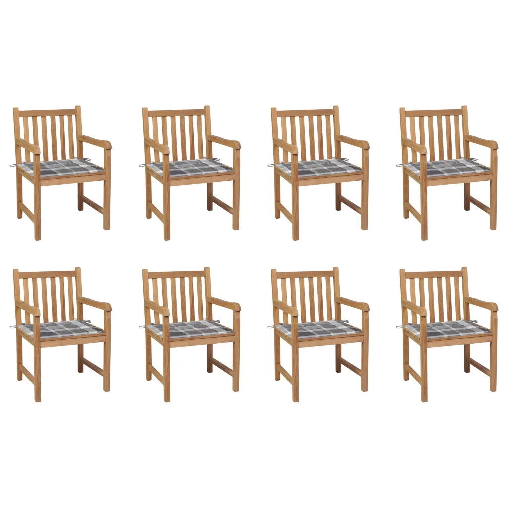 Sedie Giardino 8 pz con Cuscini Grigi a Quadri Massello di Teak cod mxl 17498