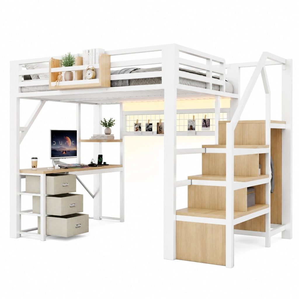 Letto a soppalco 140x200 con scrivania, armadio e LED