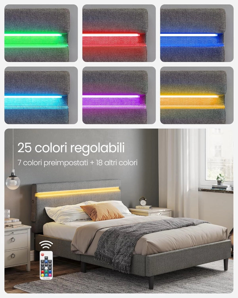 VASAGLE Struttura Letto Matrimoniale in Metallo, 140 x 190 cm, Letto a Doghe con Testiera, con Luci a LED, Porta USB e TYPE-C, Base per Materasso, Moderno, Grigio Scuro RMB802G71
