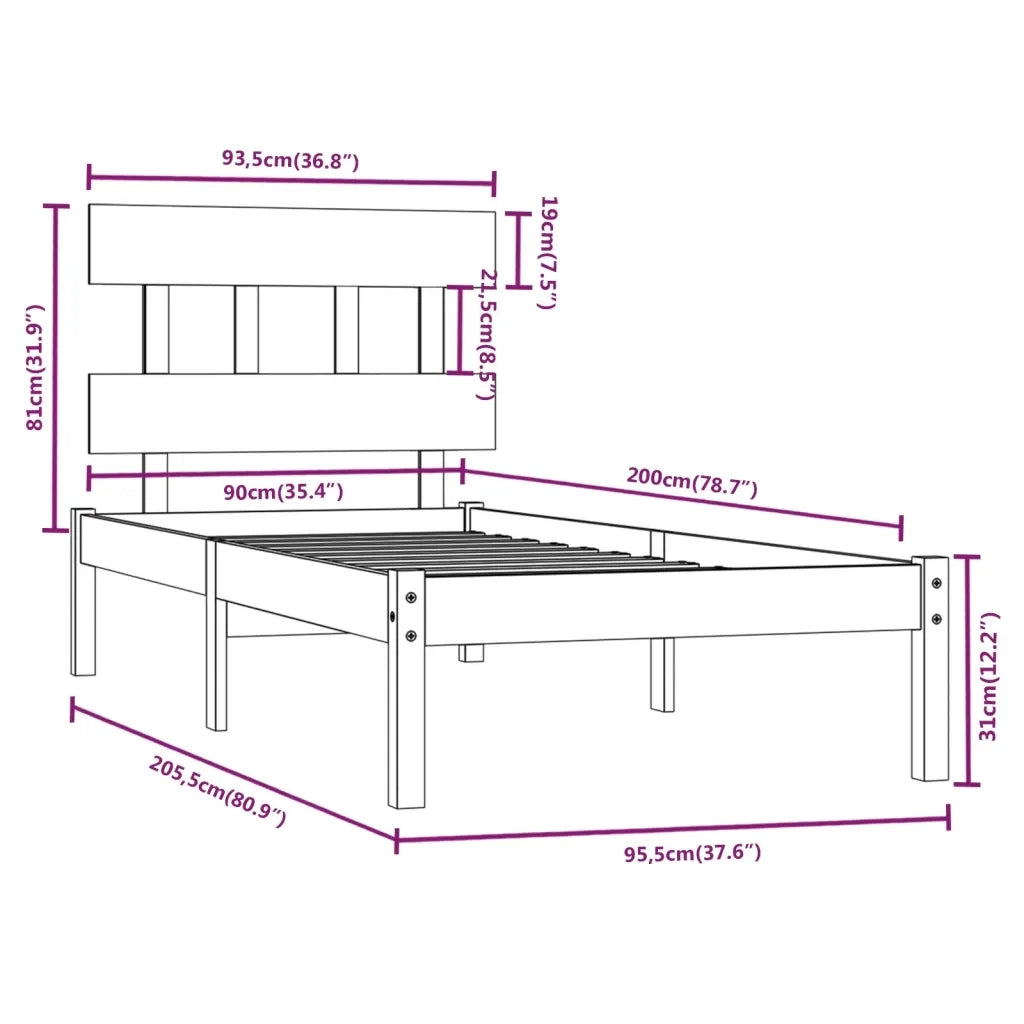 Letto singolo | Letto per adulti | Giroletto in Legno Massello 90x200 cm