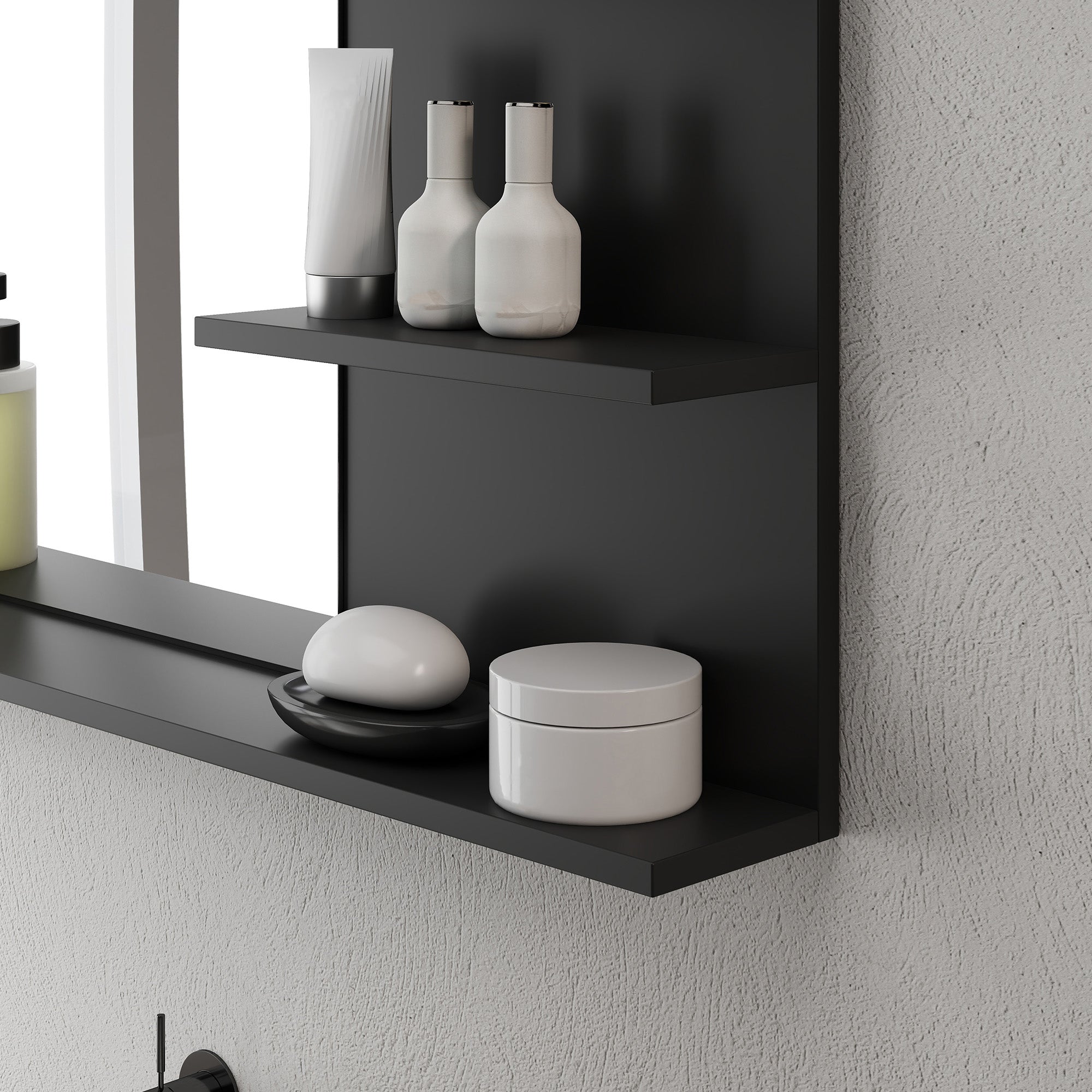 Specchio Bagno da Parete 75x10x48 cm con Mensole in Legno e Vetro Nero