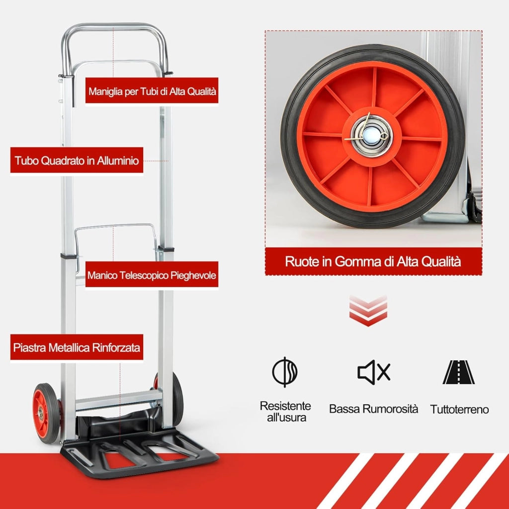 Carrello a Mano in Alluminio Pieghevole e Portatile, Carrello Portapacchi con Manico Telescopico Pieghevole e 2 Ruote in Gomma, Capacità di Carico 100 kg, per Casa, Giardino e Magazzino