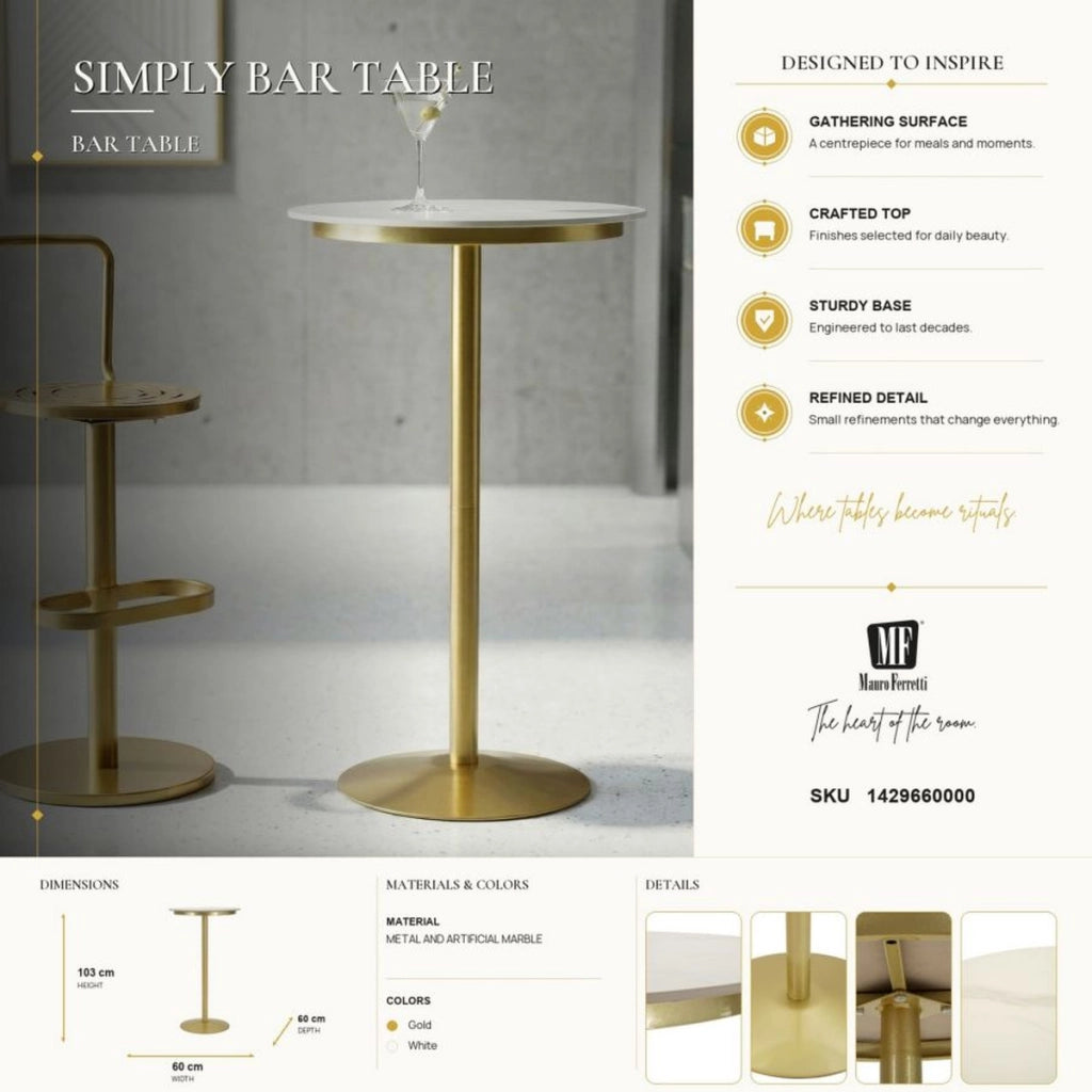 Tavolino bar alto Simply con struttura in metallo oro e piano bianco