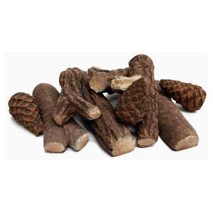 Set decorativo in ceramica per caminetti, riproduzione legna e pigne