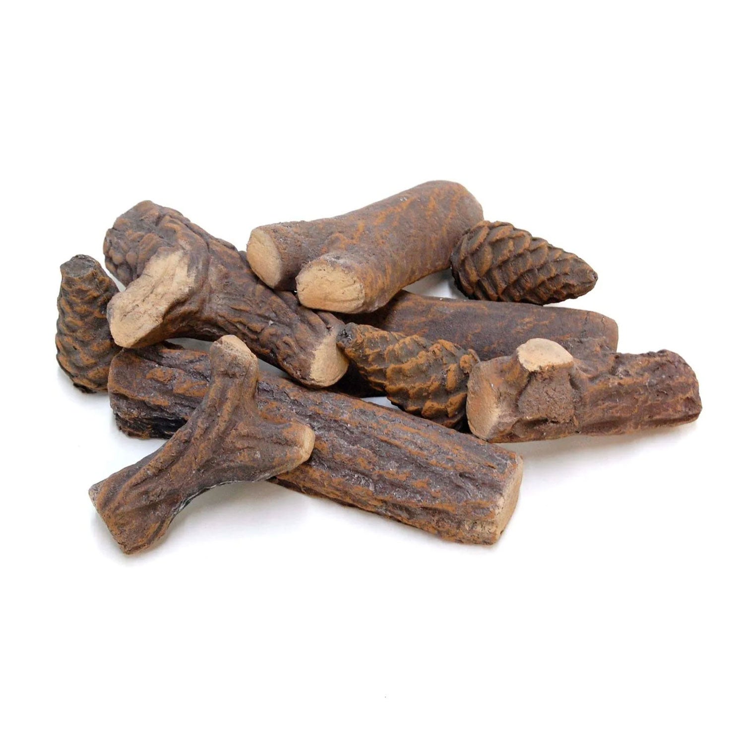 Set decorativo in ceramica per caminetti, riproduzione legna e pigne