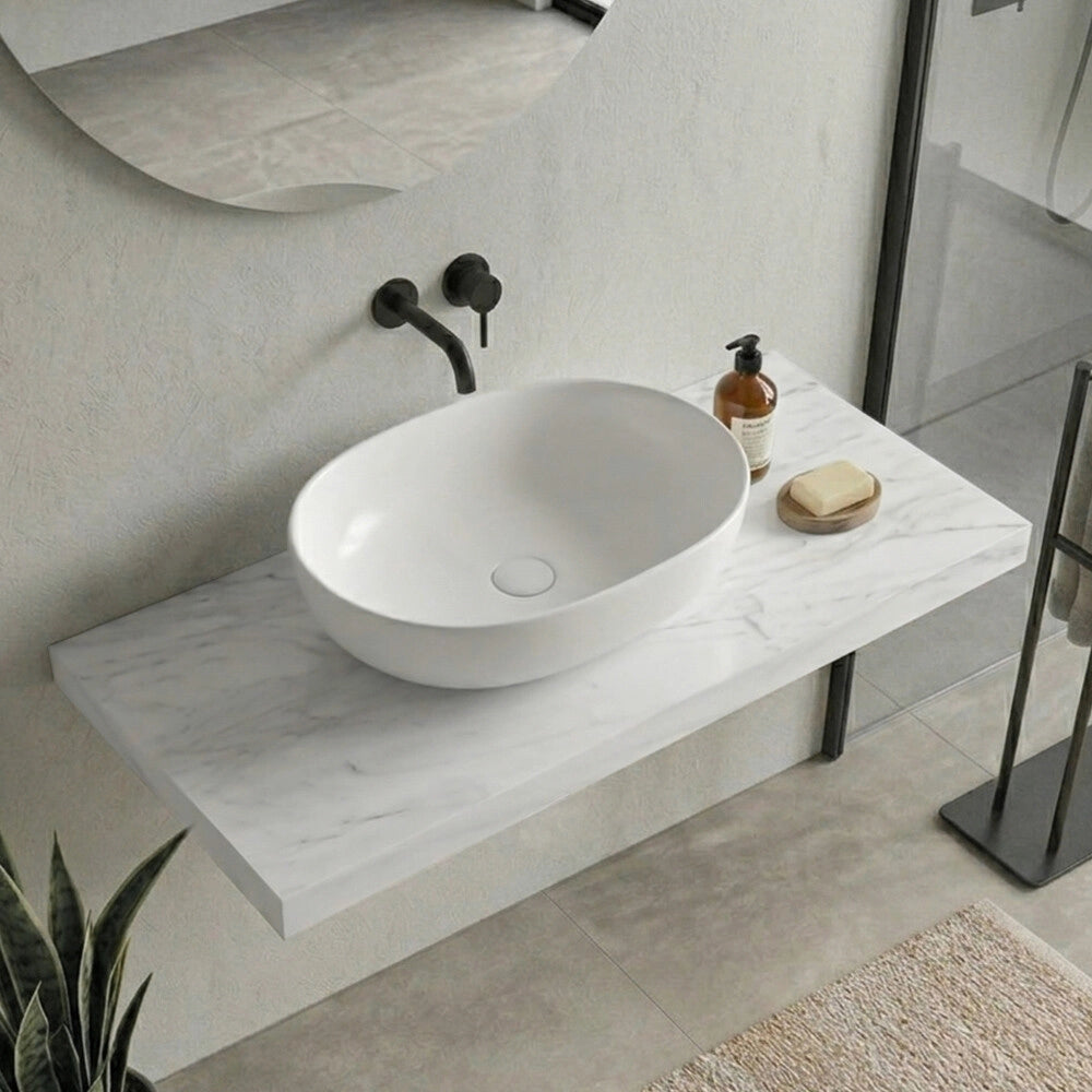 Mensolone bagno 120 cm in legno effetto marmo bianco carrara Levia