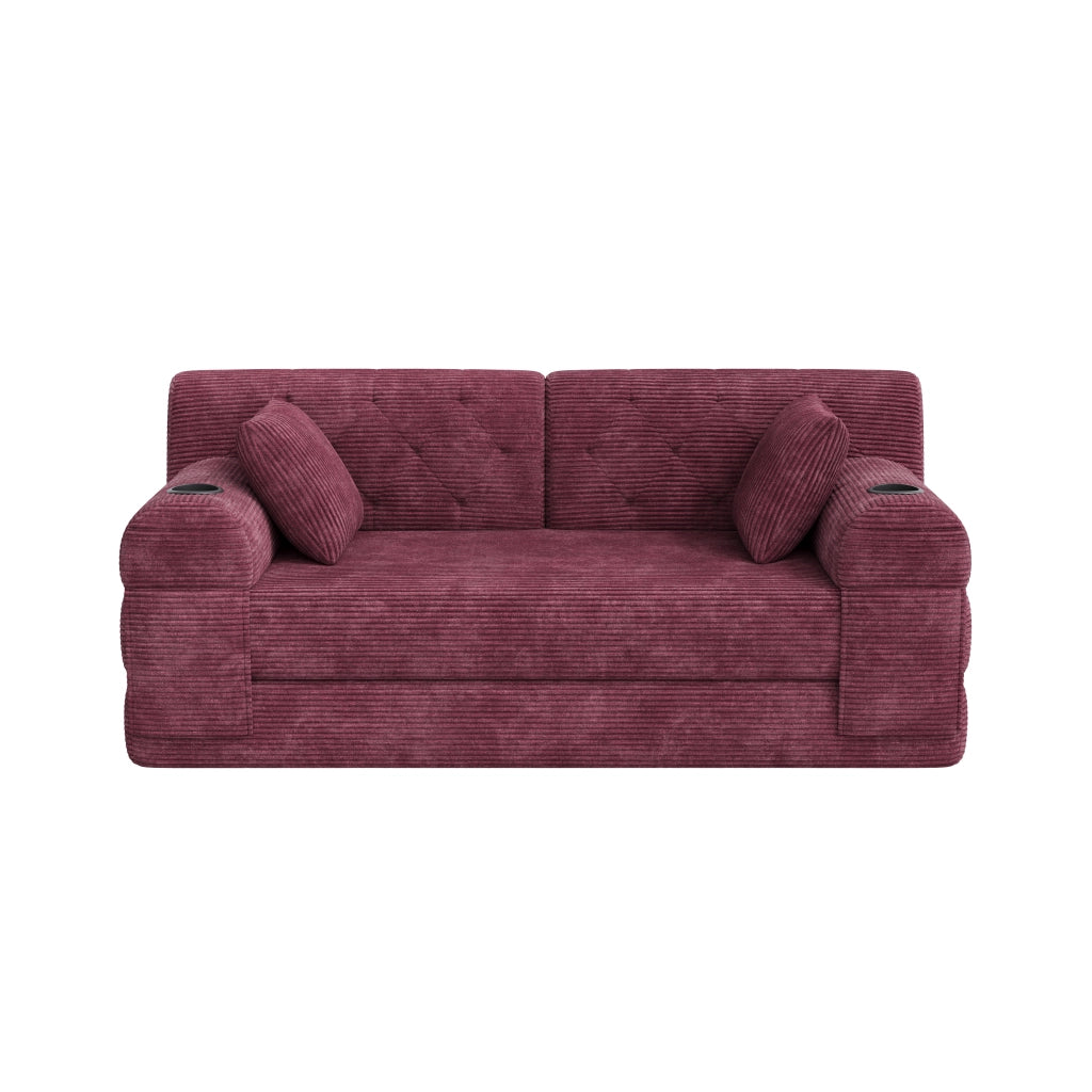 Divano letto in tessuto a coste con schienale alto, 4 tasche laterali e 2 portabicchieri, rosso vino 168 × 80 × 81 cm