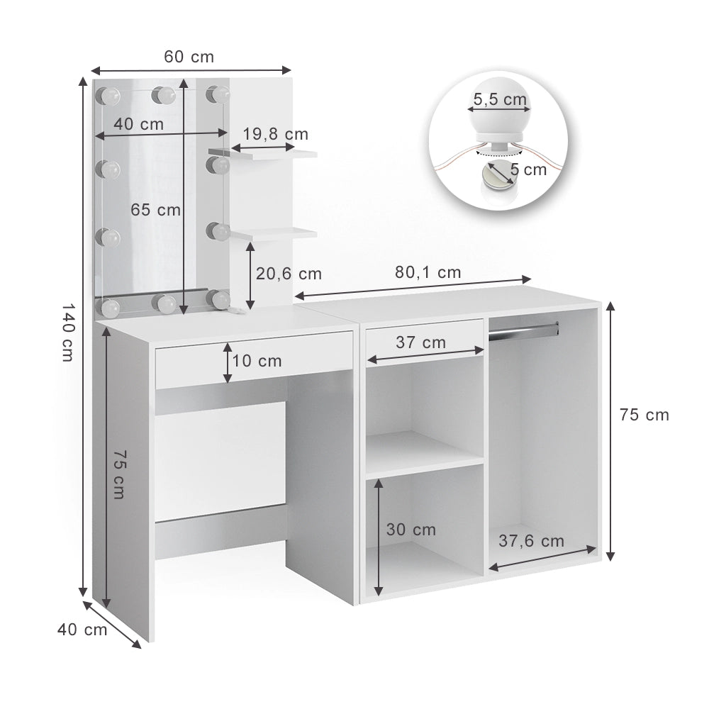 Vicco Tavolo da toeletta Bianco 140 cm con illuminazione LED e armadio