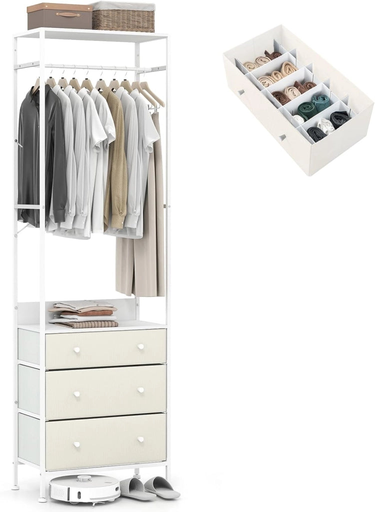 Appendiabiti con Cassetti in Tessuto, Armadio Autoportante con Asta Appendiabiti a 3 Posizioni e Ripiani di Stoccaggio, Ideale per Ingresso Camera da Letto, 55x28x176 cm (Nero)