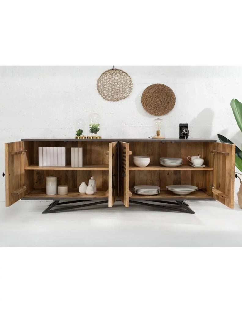 Buffet PLAYA 160 cm in legno massiccio di mango – 4 porte decorate e basamento in metallo nero