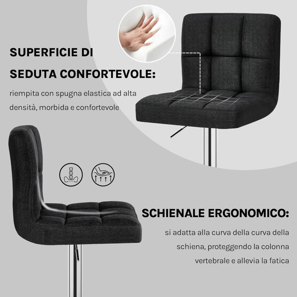Sgabelli da Bar Sedia Cucina con Schienale Poggiapiedi Tessuto di Lino Cromato Altezza Regolabile Girevole Moderno Nero 1 Pezzo