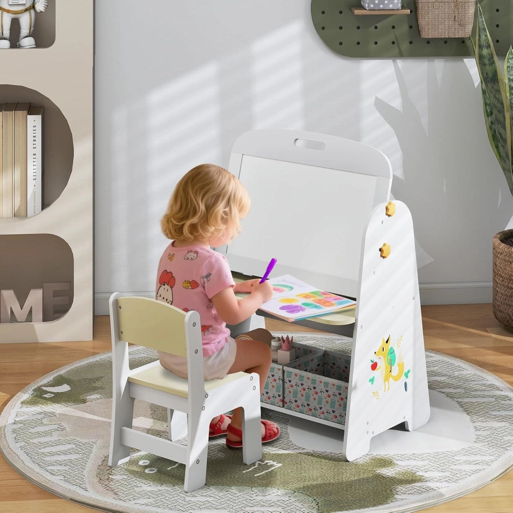 Set Tavolo e Sedia per Bambini, Lavagnetta Cancellabile Bambini con Sedia, Scaffale, 2 Contenitori in Tessuto, Gomma e Gessetti, Tavolino per Cameretta (Naturale)