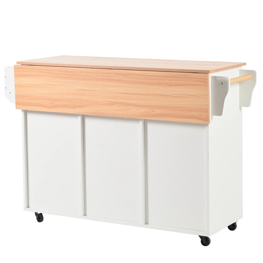 Isola da Cucina Mobile 139x46/71x91;5 cm Bianca con Piano Ribaltabile; 3 Cassetti; Ruote e Gambe in Legno