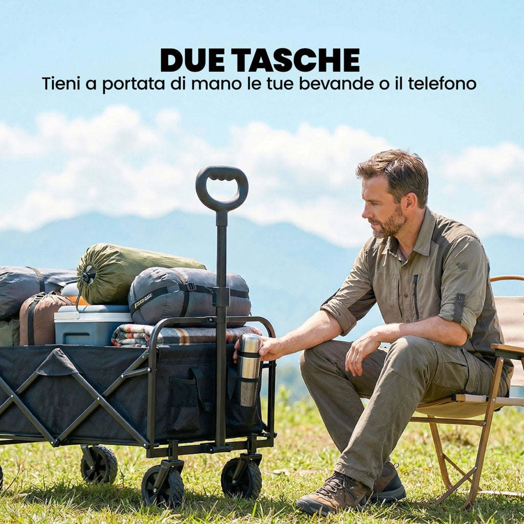 Carrello da esterno 114x46x92 cm Capacità 72L Pieghevole con Manico Regolabile in Acciaio e Tessuto Oxford Nero