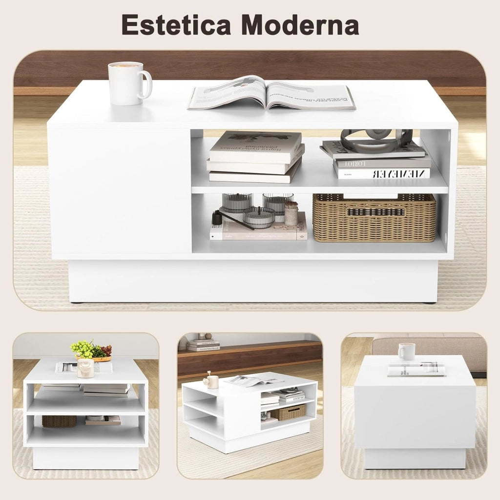 Tavolino da Salotto Rettangolare Design Moderno, Tavolino da Caffè con 2 Ripiani Inferiori Portaoggetti, Tavolino Basso da Divano per Soggiorno, 86 x 56 x 41 cm (Bianco)