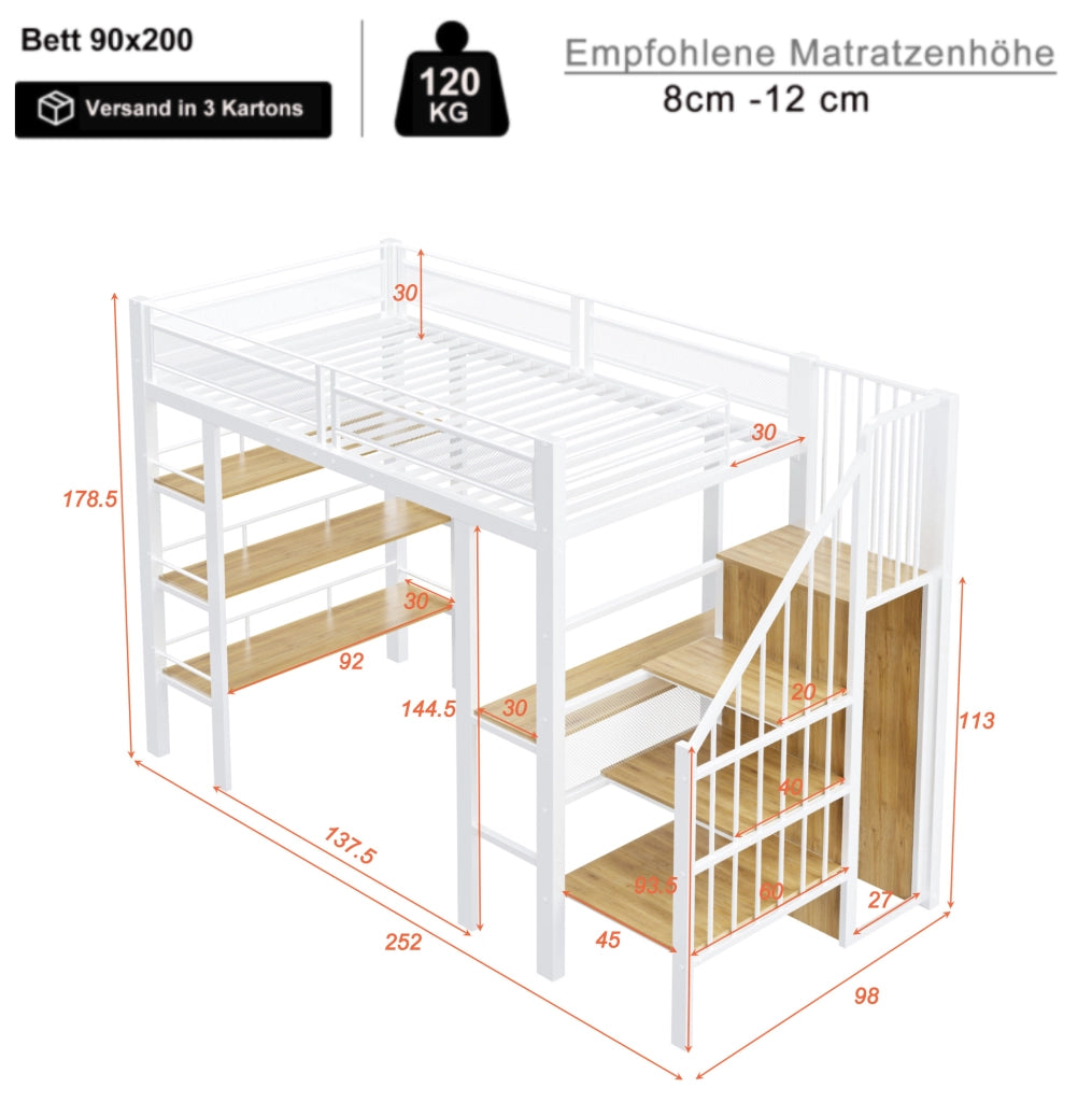 Letto a soppalco 90x200 cm in metallo bianco con scrivania; LED; mensole e armadio