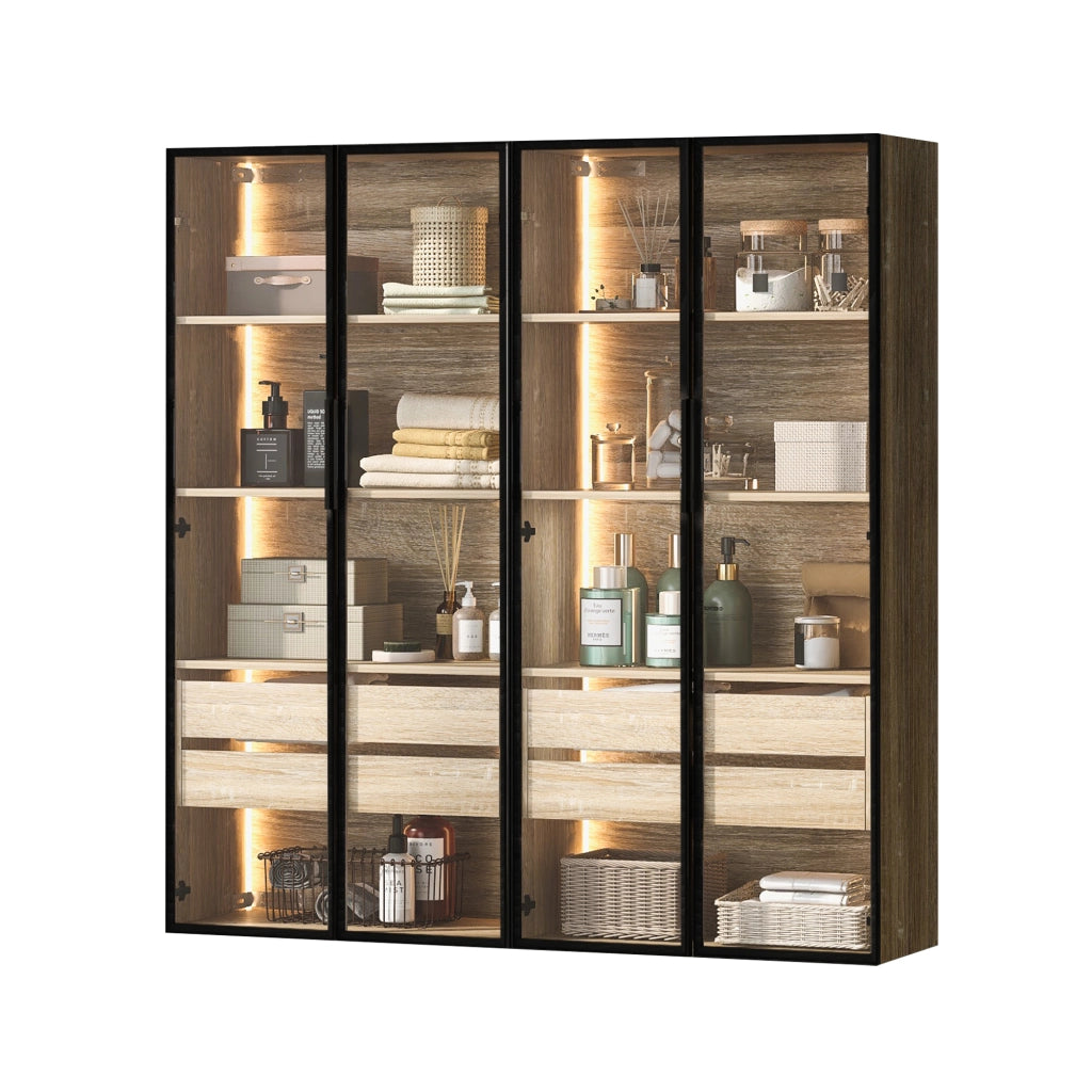 Armadietto da bagno con LED, 2 cassetti, 2 ante in vetro satinato e vani aperti, per bagno, in MDF naturale, 73 cm