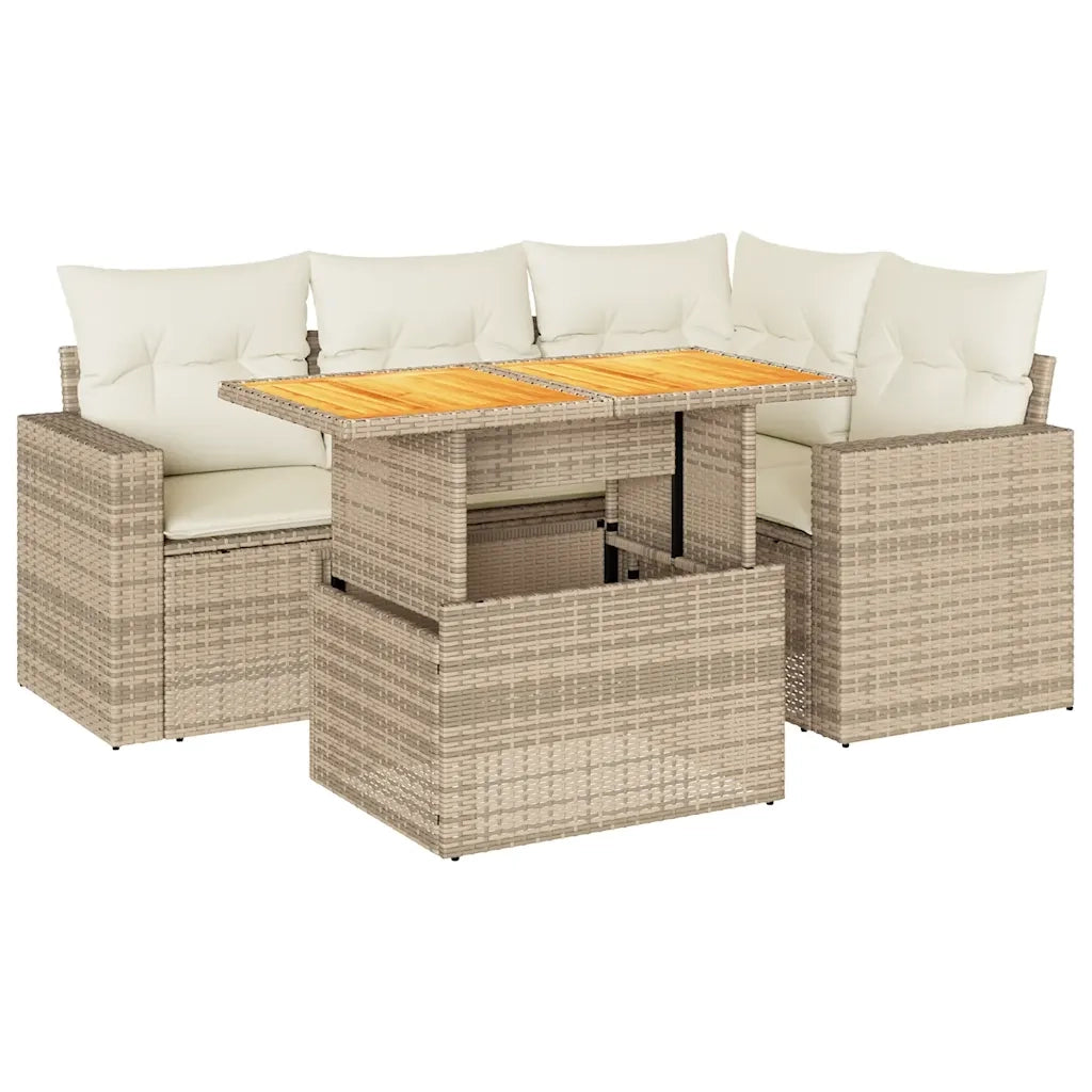 Set Divano da Giardino 5 pz con Cuscini Beige in Polyrattan