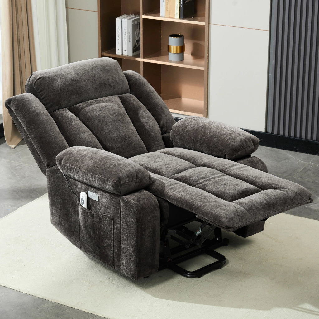 Poltrona relax elettrica reclinabile con massaggio, riscaldamento, USB e tasche laterali, in tessuto, marrone