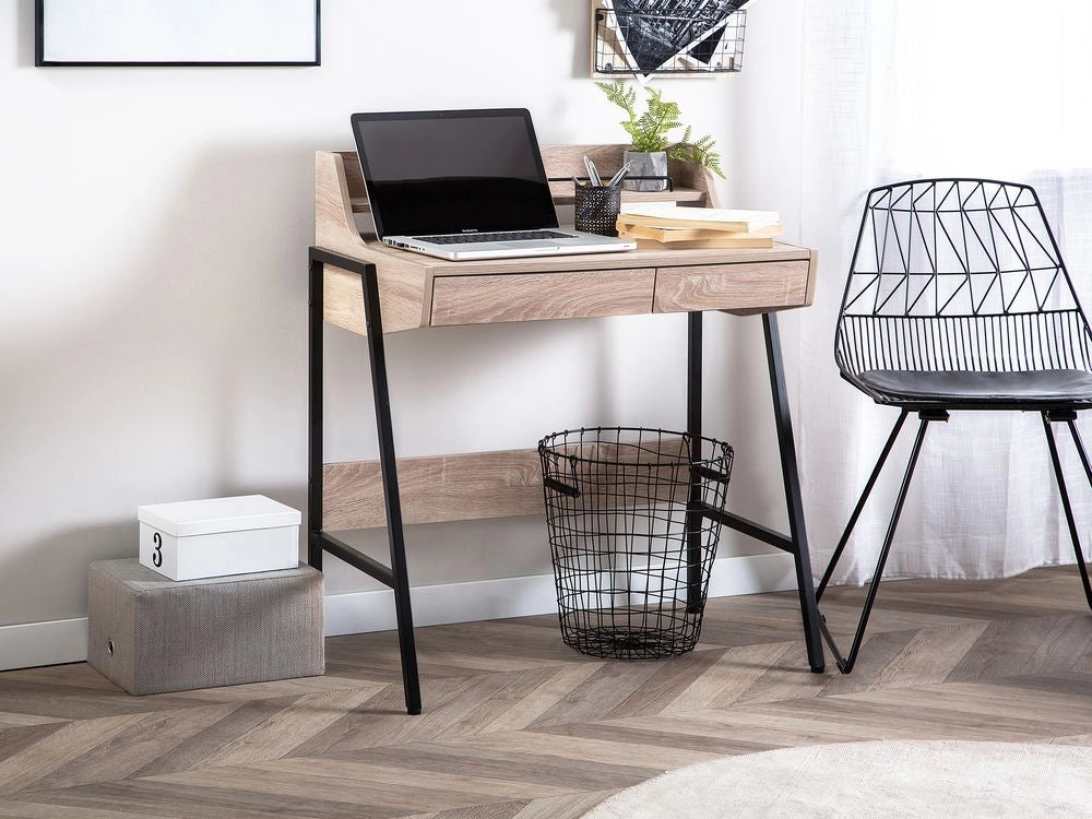 Scrivania da Ufficio in Legno Chiaro e Nero 77 x 46 cm Scaffale 2 Cassetti Scandinavo