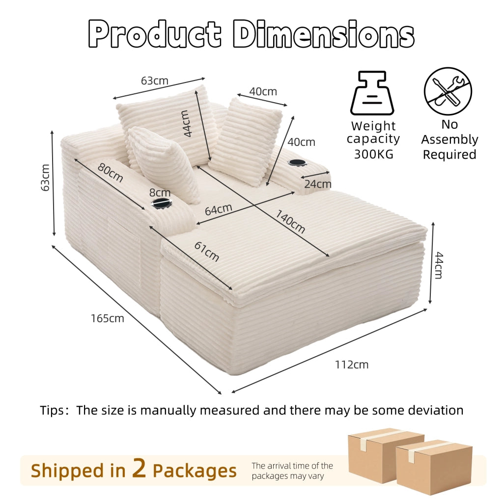 Divano convertibile senza struttura con chaise longue in velluto a coste con 3 cuscini e portabicchieri beige