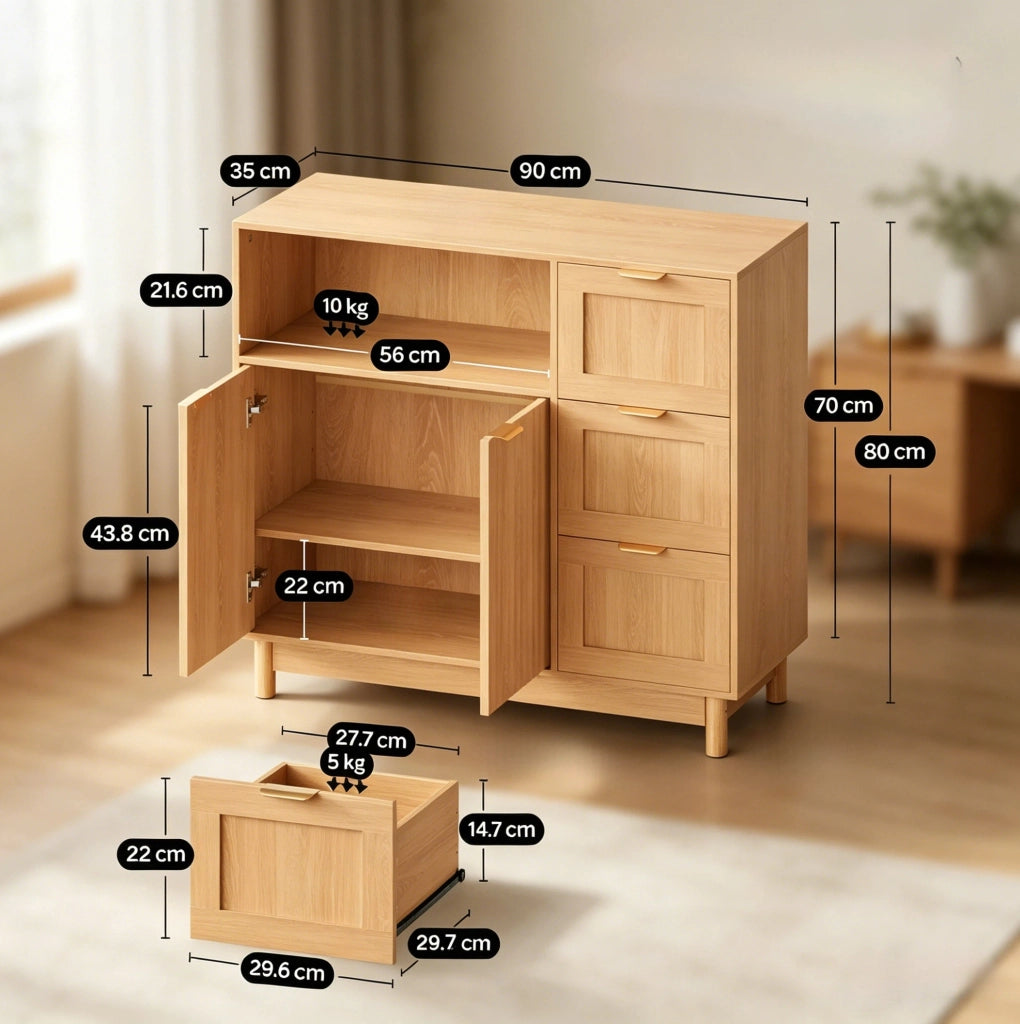 Sideboard da cucina con cassetti, vani chiusi e ripiano regolabile
