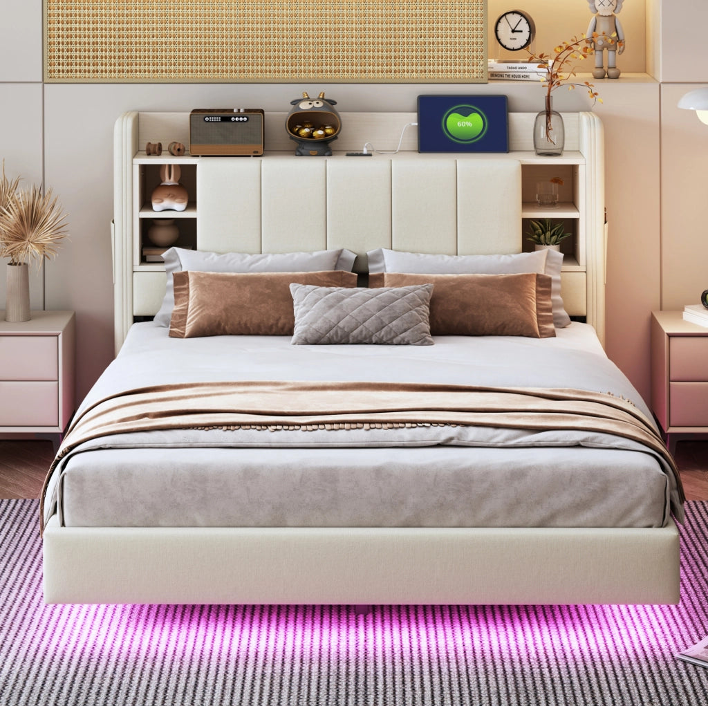 Letto matrimoniale imbottito 140x200 cm beige con LED e USB